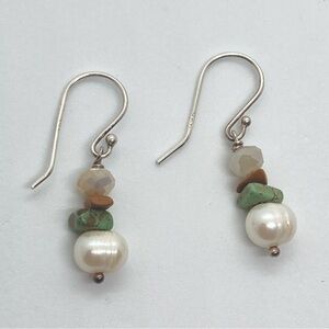 Vtg Sterling Turqouise Freshwater Pearl & Crystal Dangle Hook Earrings / 1.4” L